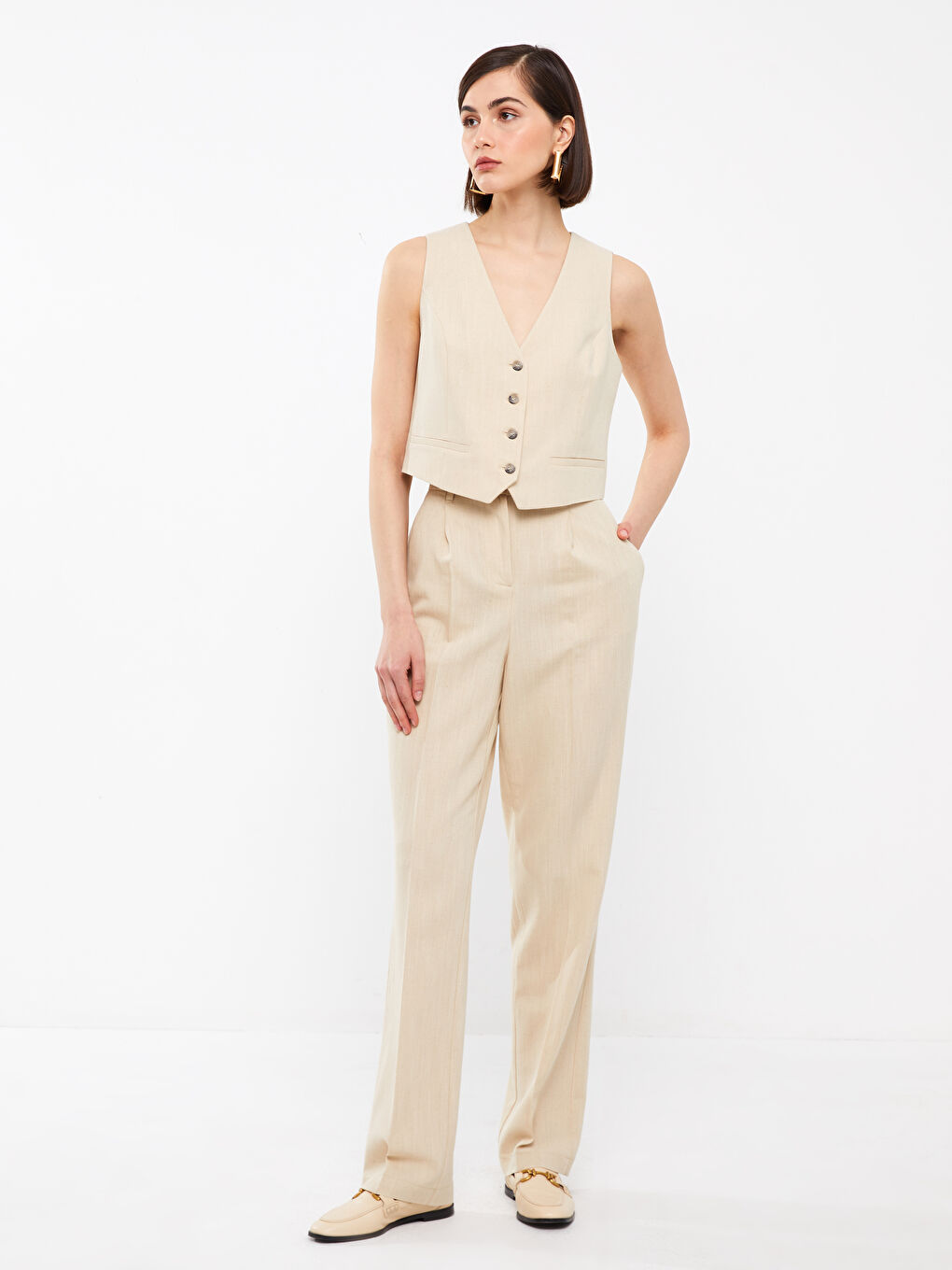 LCW Vision High Waist Comfortable Fit Straight Linen Blend Women's Trousers -S3H808Z8-FWS