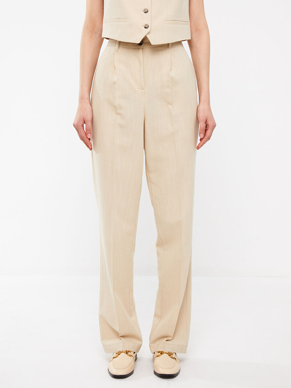 LCW Vision High Waist Comfortable Fit Straight Linen Blend Women's Trousers -S3H808Z8-FWS