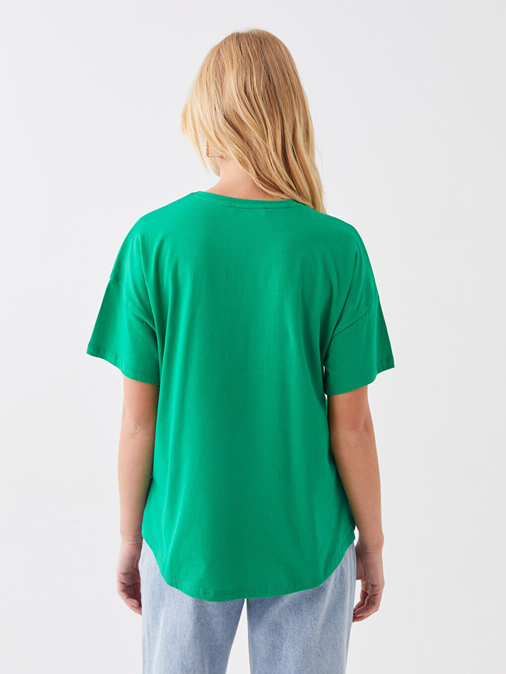 Yeşil Bisiklet Yaka Düz Kısa Kollu Oversize Kadın Tişört-4