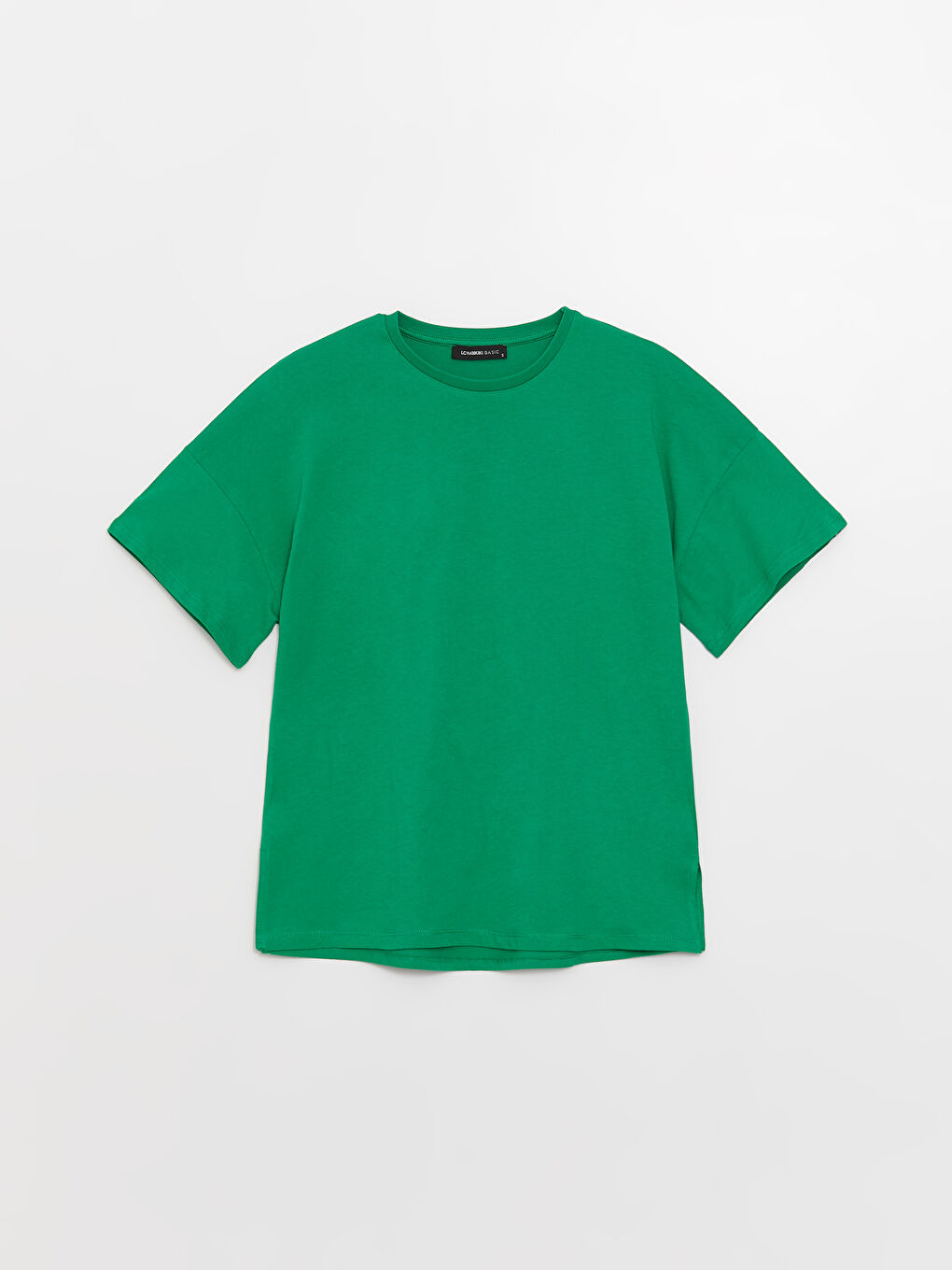 Yeşil Bisiklet Yaka Düz Kısa Kollu Oversize Kadın Tişört-5