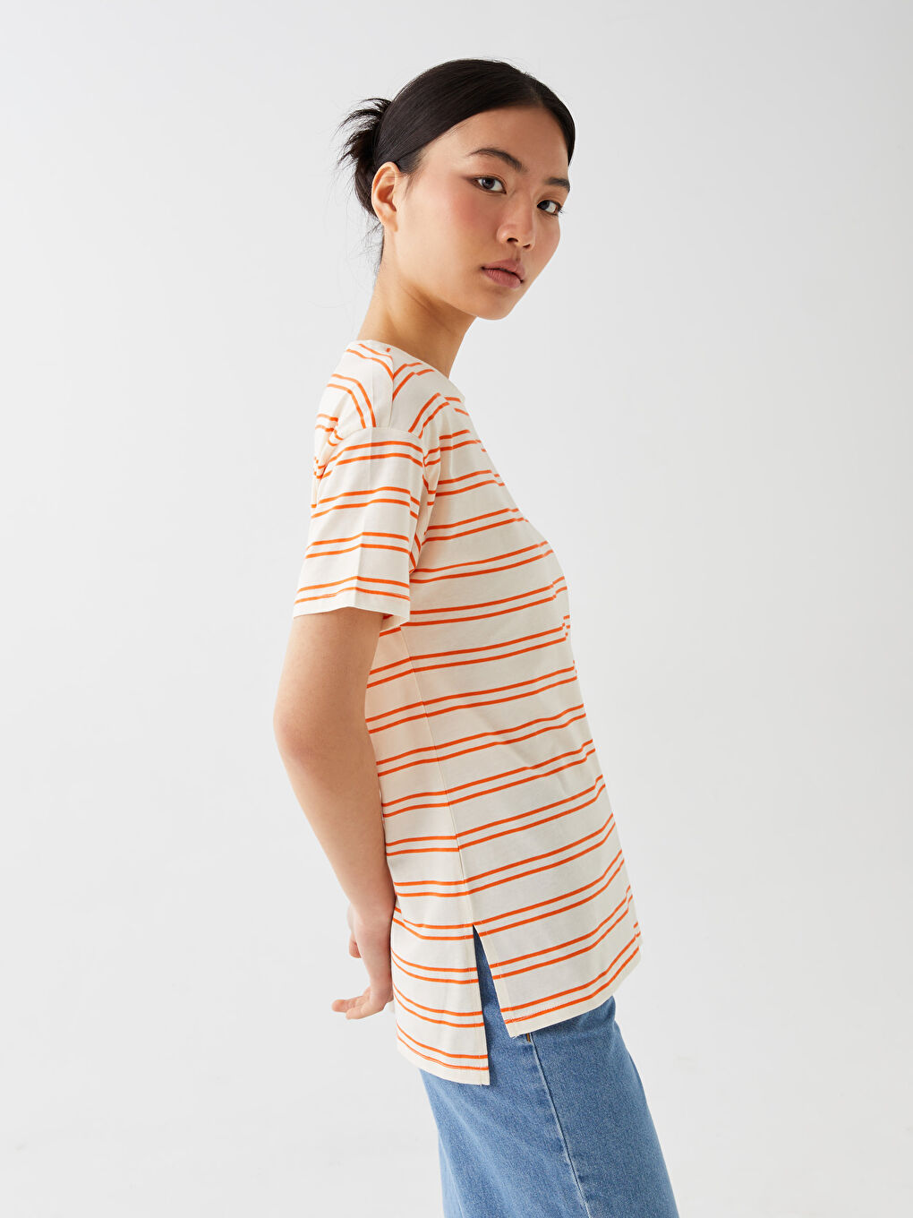 T-shirt à Rayures à Manches Courtes pour Femmes avec Col Rond