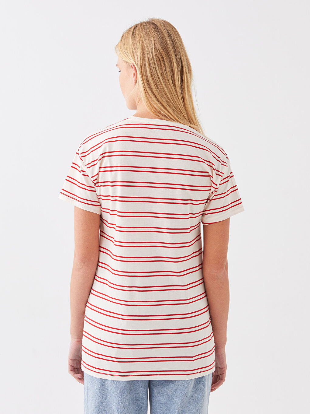 Kırmızı Bisiklet Yaka Çizgili Kısa Kollu Kadın Tişört-4