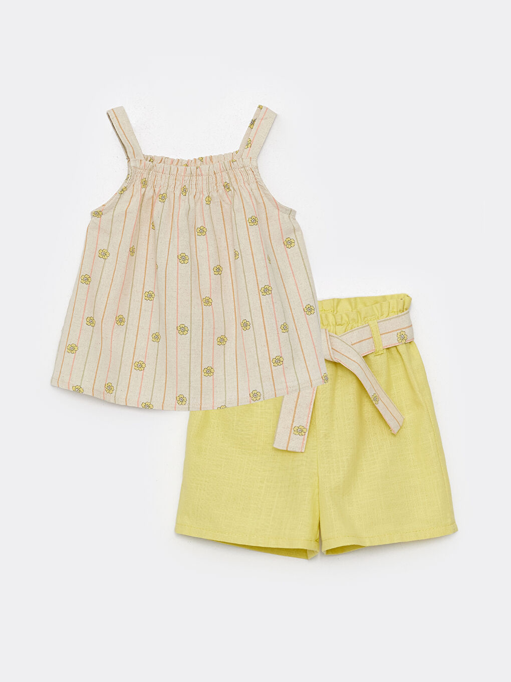 კვადრატული საყელო ნაბეჭდი გოგონას ბლუზისა და შორტის 2-ცალიანი კომპლექტი