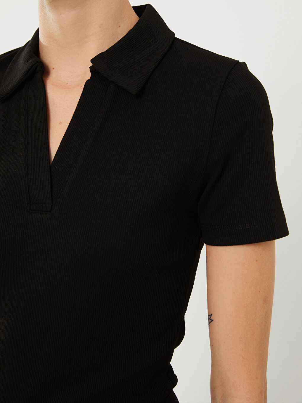 Siyah Polo Yaka Düz Kısa Kollu Kadın Bodycon Elbise-3