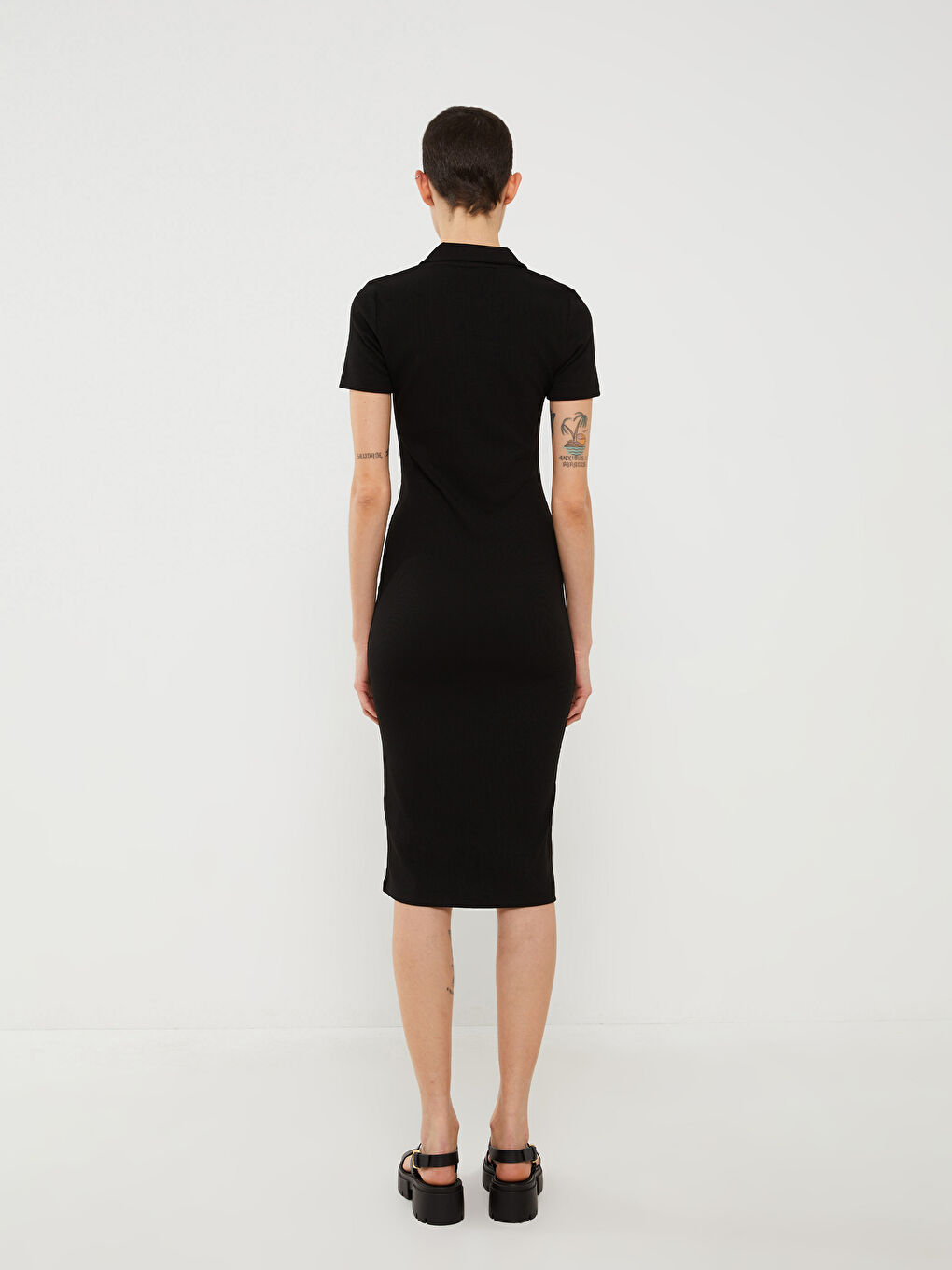 Siyah Polo Yaka Düz Kısa Kollu Kadın Bodycon Elbise-4