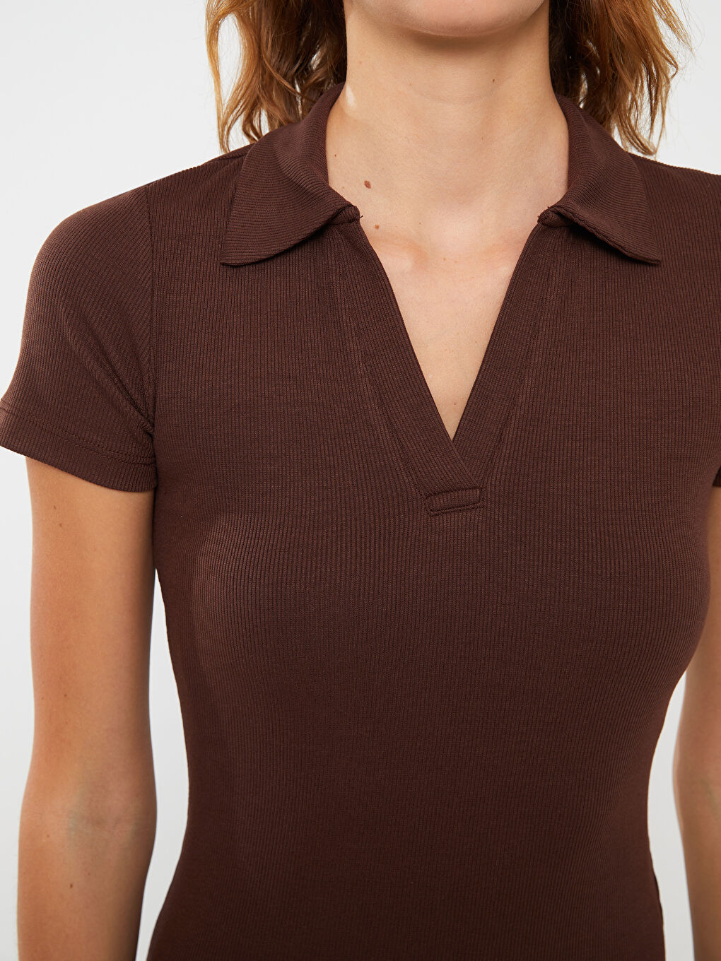 Kahverengi Polo Yaka Düz Kısa Kollu Kadın Bodycon Elbise-3