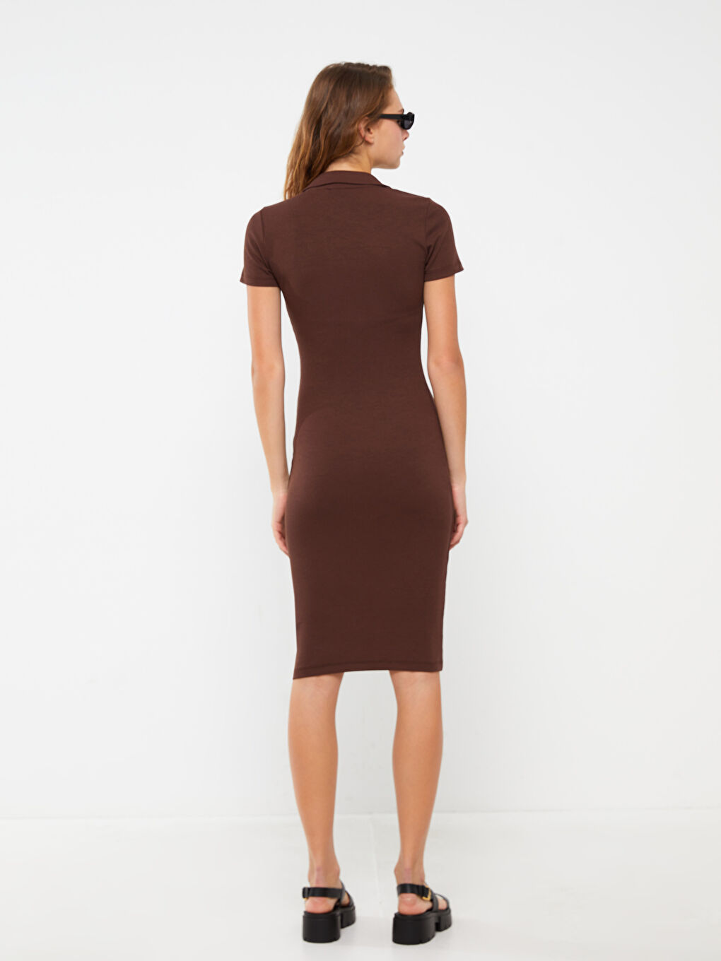 Kahverengi Polo Yaka Düz Kısa Kollu Kadın Bodycon Elbise-4