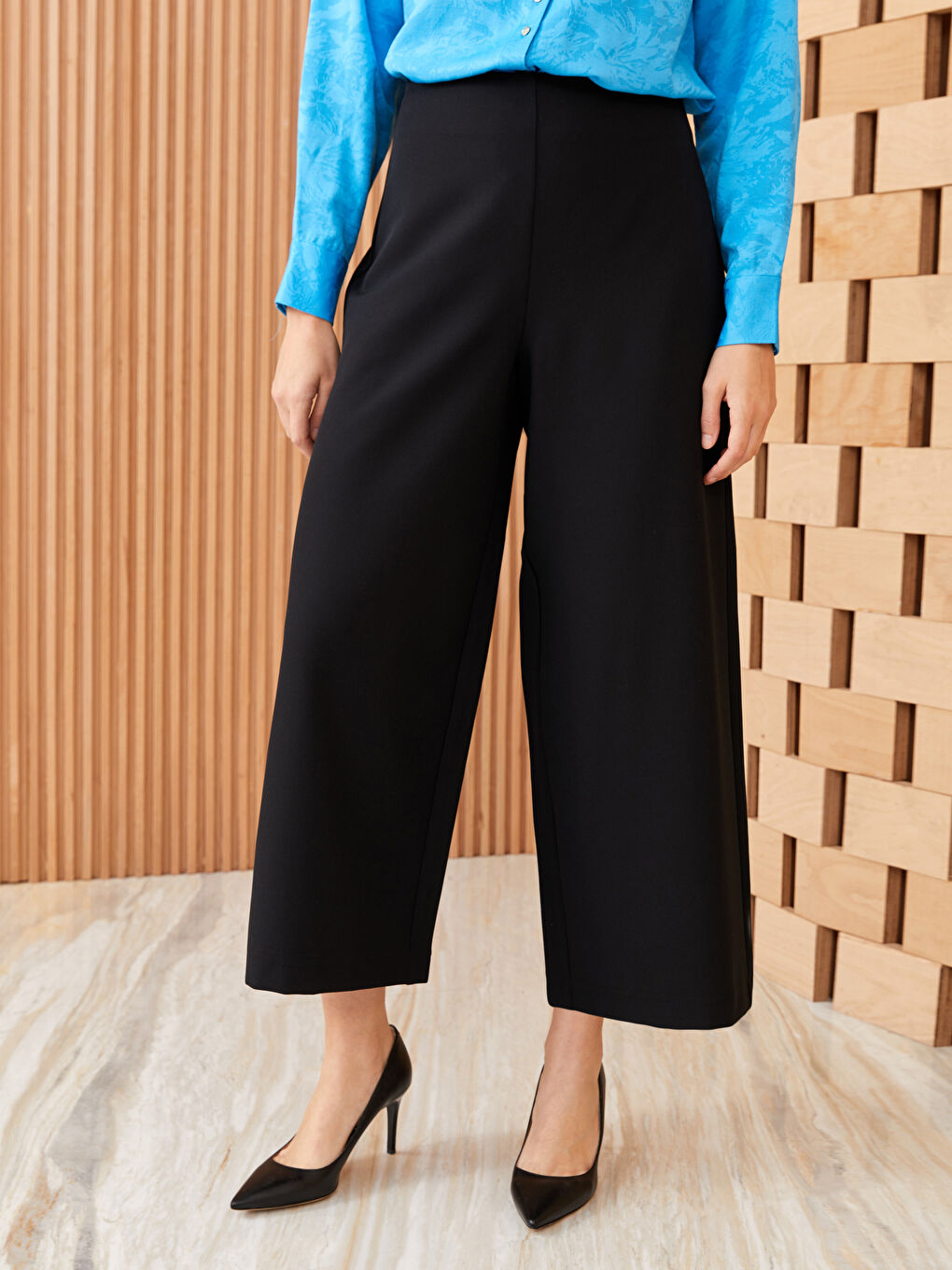 Siyah Rahat Kalıp Kadın Palazzo Pantolon-2