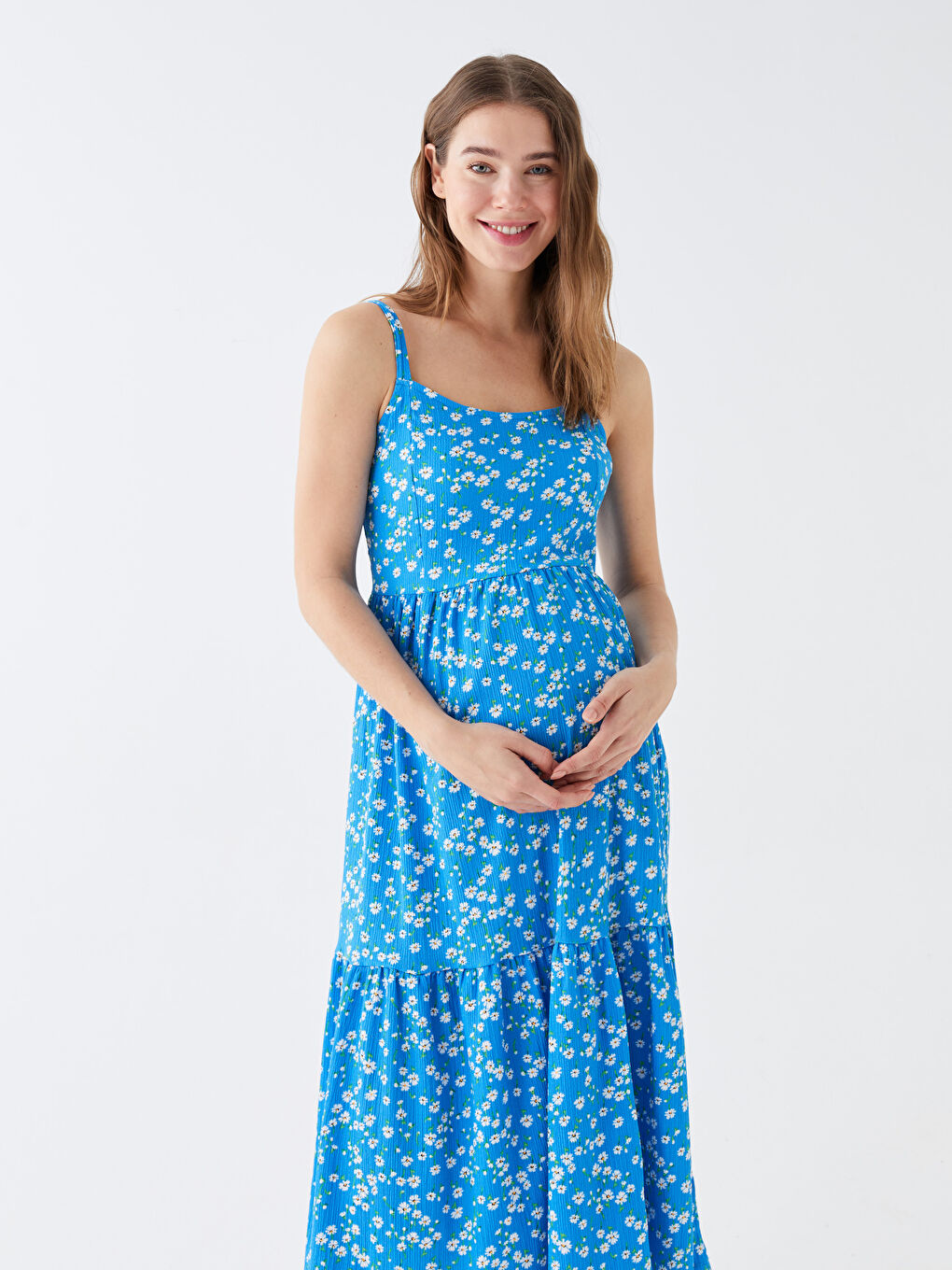 Rochie Maternitate Florală cu Bretele și Decolteu în Formă de Inimă-1