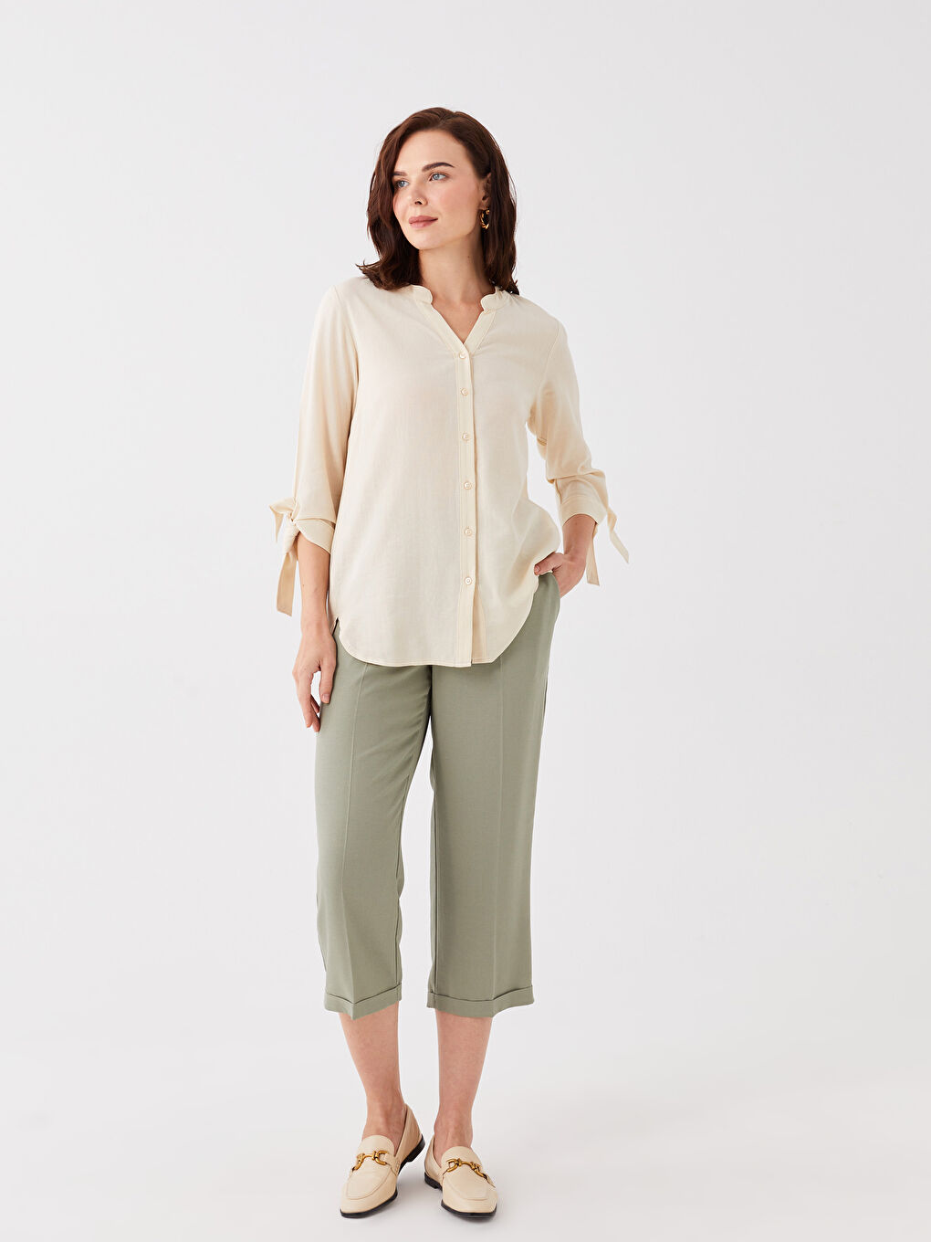 Relaxed Fit Plain Linen Blend Women's Capri Pants -S3H885Z8-GNZ