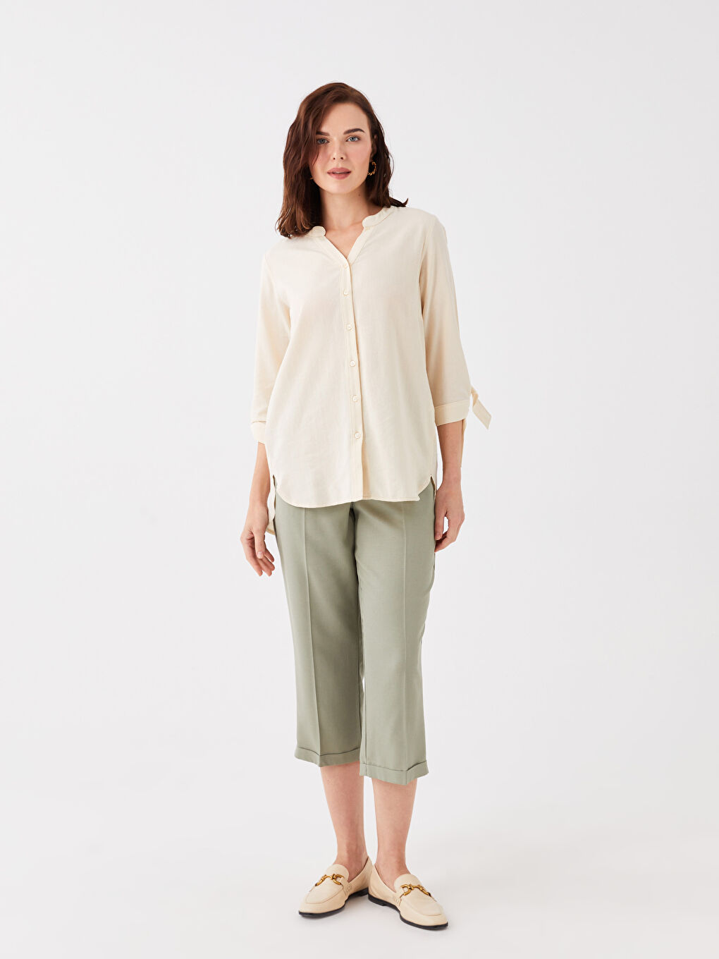 Relaxed Fit Plain Linen Blend Women's Capri Pants -S3H885Z8-GNZ