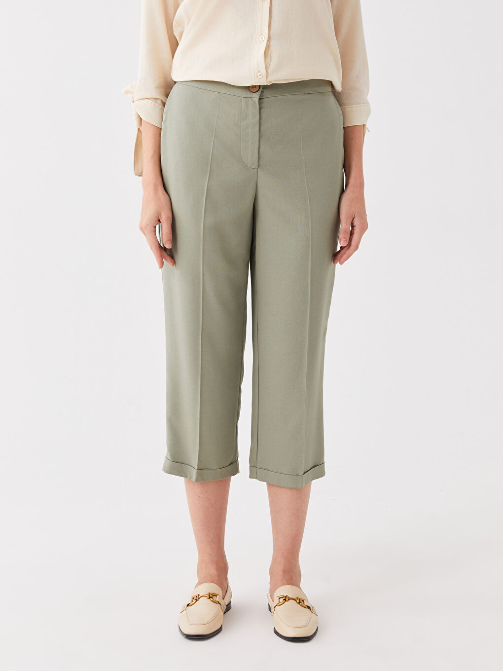 Relaxed Fit Plain Linen Blend Women's Capri Pants -S3H885Z8-GNZ