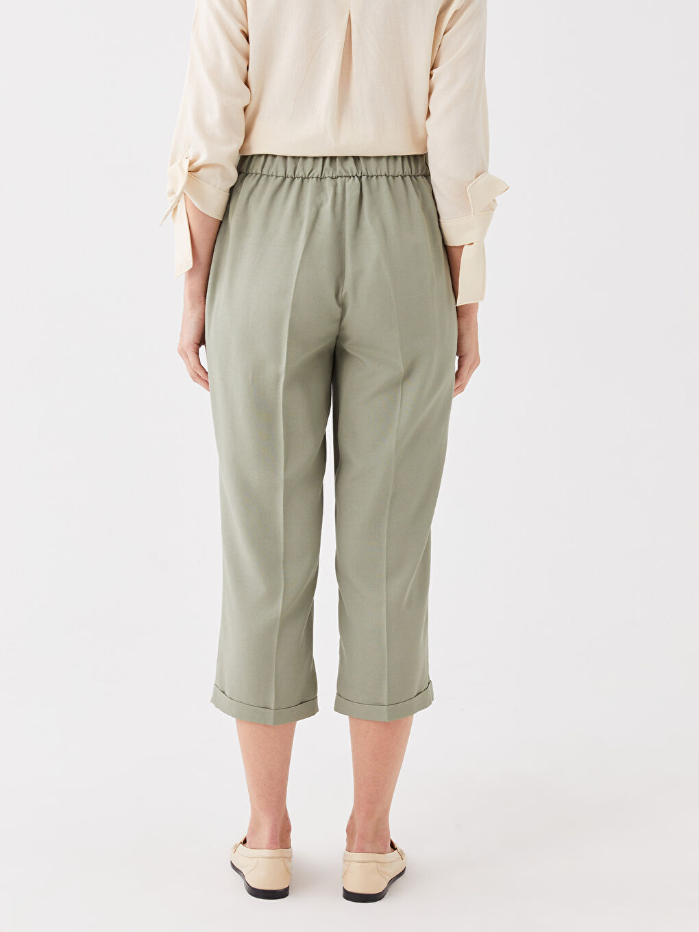 Relaxed Fit Plain Linen Blend Women's Capri Pants -S3H885Z8-GNZ