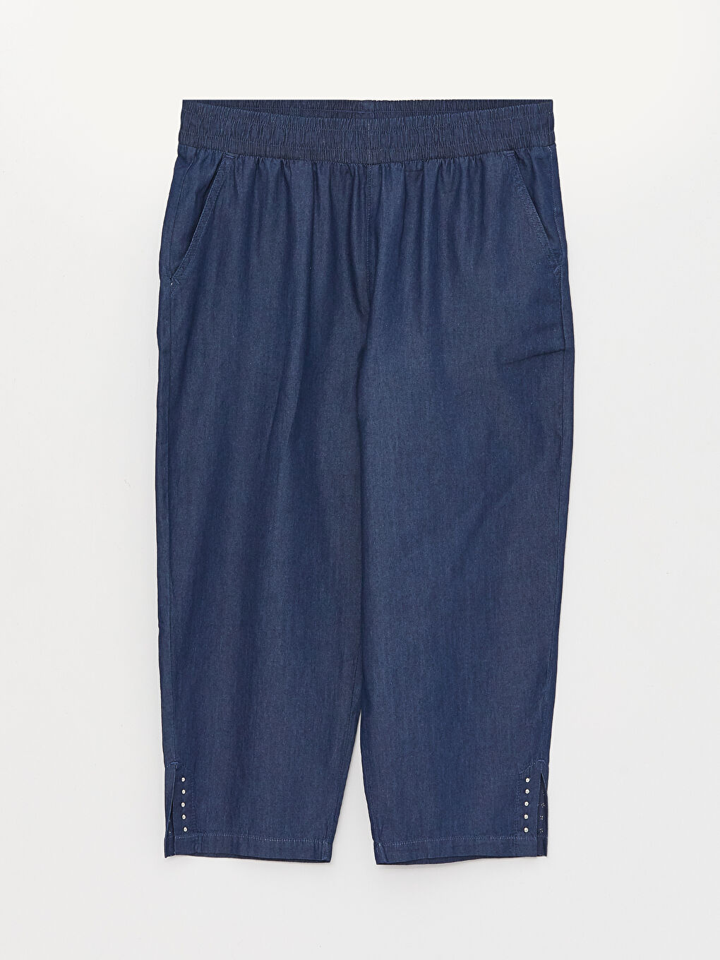 Mavi Beli Lastikli Rahat Kalıp Kadın Jean Kapri-5