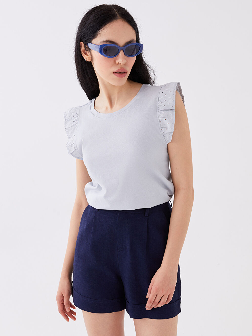 Әйелдерге арналған дөңгелек жағалы өрнексіз қысқа жең футболка-2