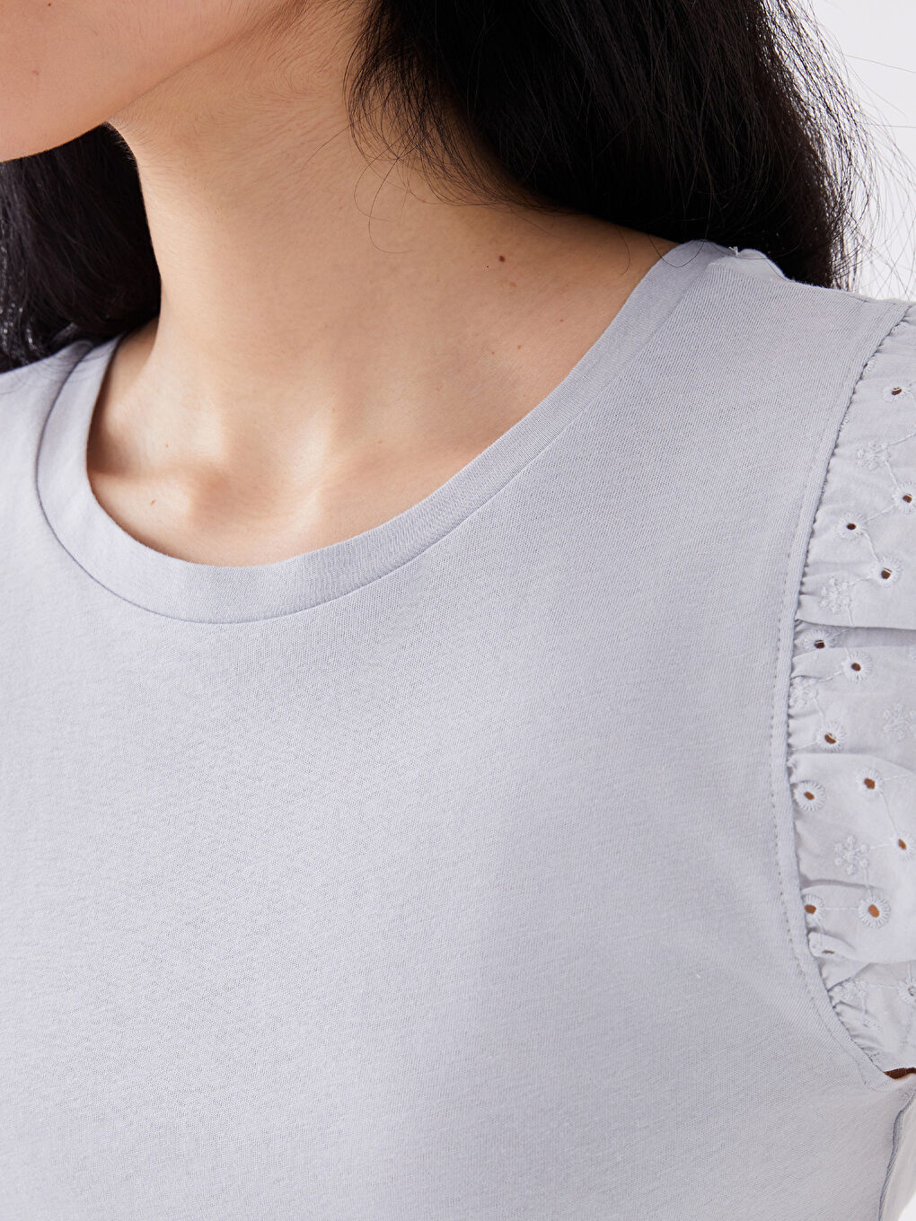 Әйелдерге арналған дөңгелек жағалы өрнексіз қысқа жең футболка-3