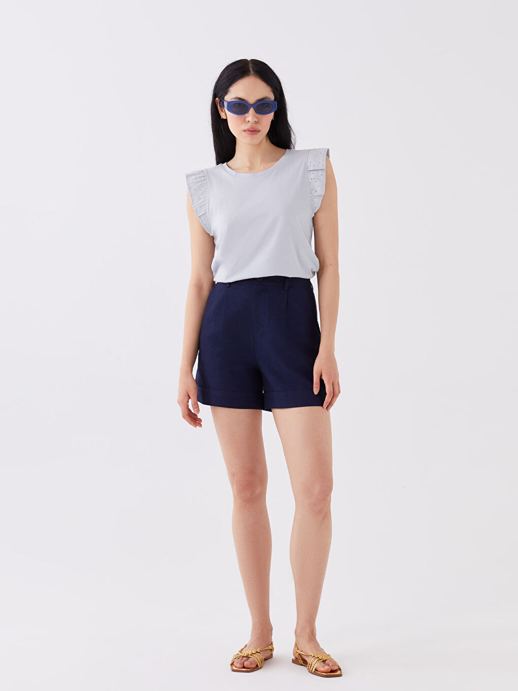 Әйелдерге арналған дөңгелек жағалы өрнексіз қысқа жең футболка-4