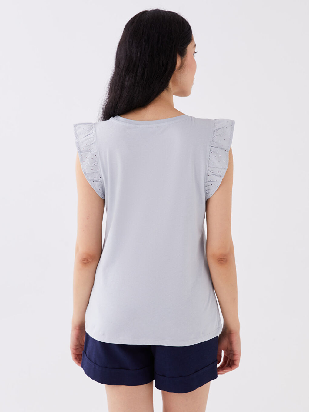 Әйелдерге арналған дөңгелек жағалы өрнексіз қысқа жең футболка-5