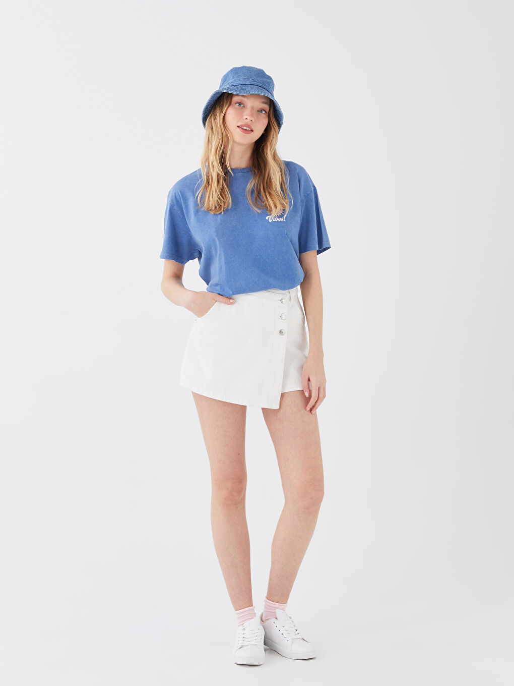 Fustă-pantalon din denim cu detalii de buzunar, croială standard pentru Femei