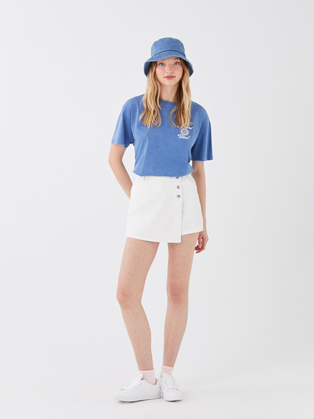 Fustă-pantalon din denim cu detalii de buzunar, croială standard pentru Femei-1