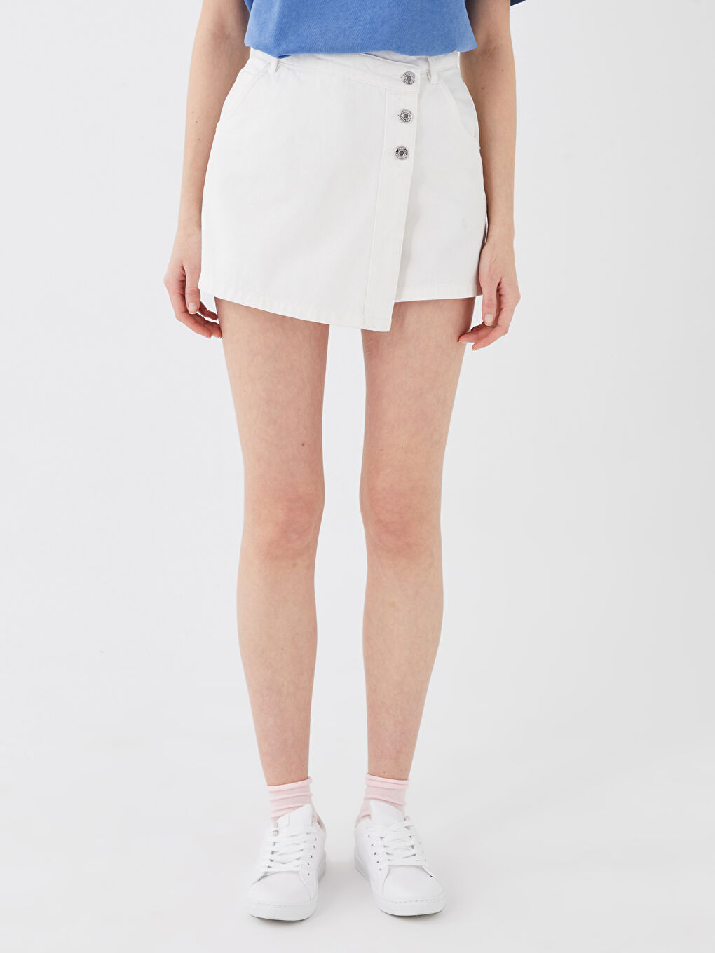 Fustă-pantalon din denim cu detalii de buzunar, croială standard pentru Femei-3