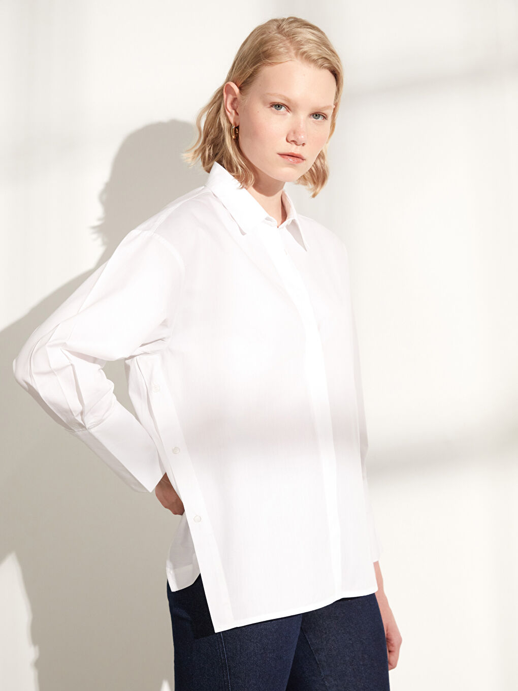 Ekru Poplin Kadın Gömlek-1