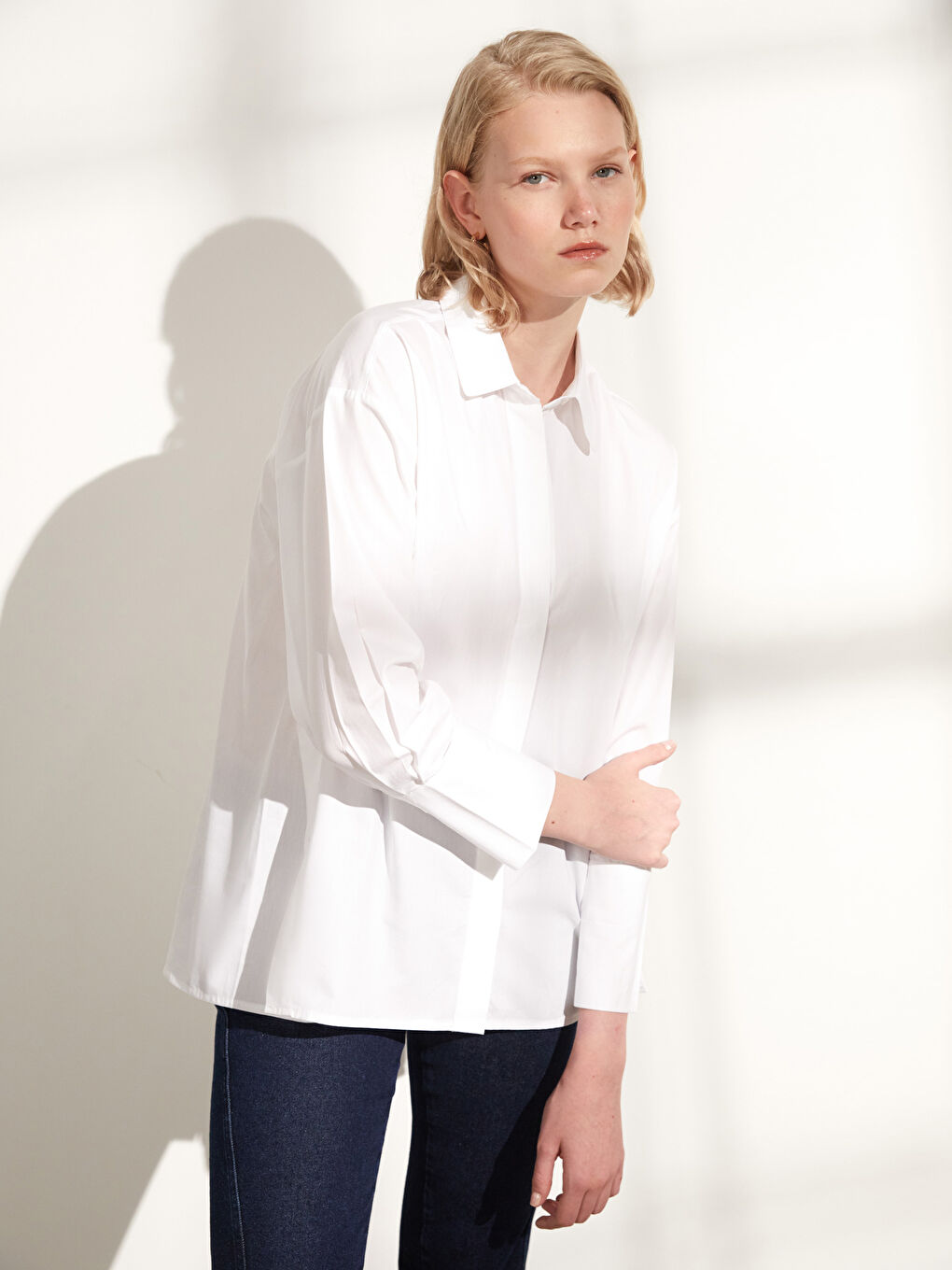 Ekru Poplin Kadın Gömlek-2