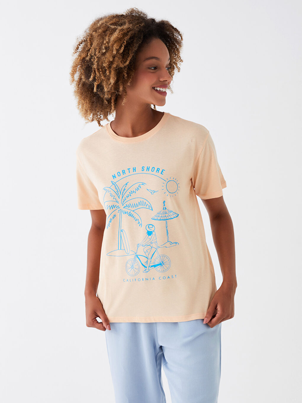Mercan Bisiklet Yaka Baskılı Kısa Kollu Kadın Tişört-1