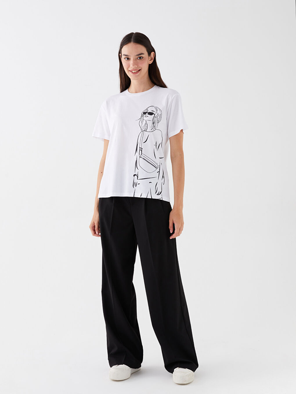 Beyaz Bisiklet Yaka Baskılı Kısa Kollu Kadın Tişört-2