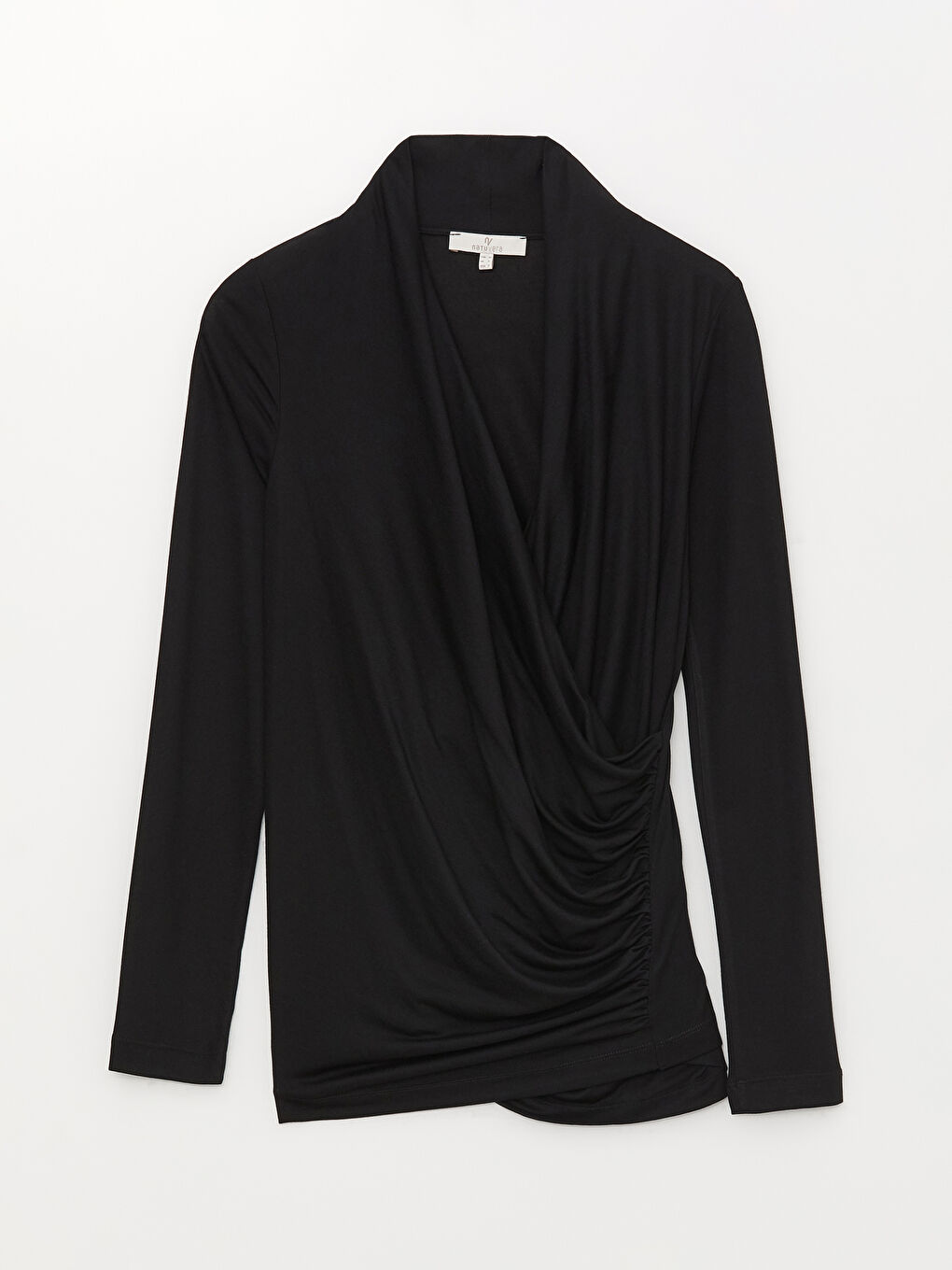 Siyah Kruvaze Yaka Düz Uzun Kollu Kadın Bluz-6