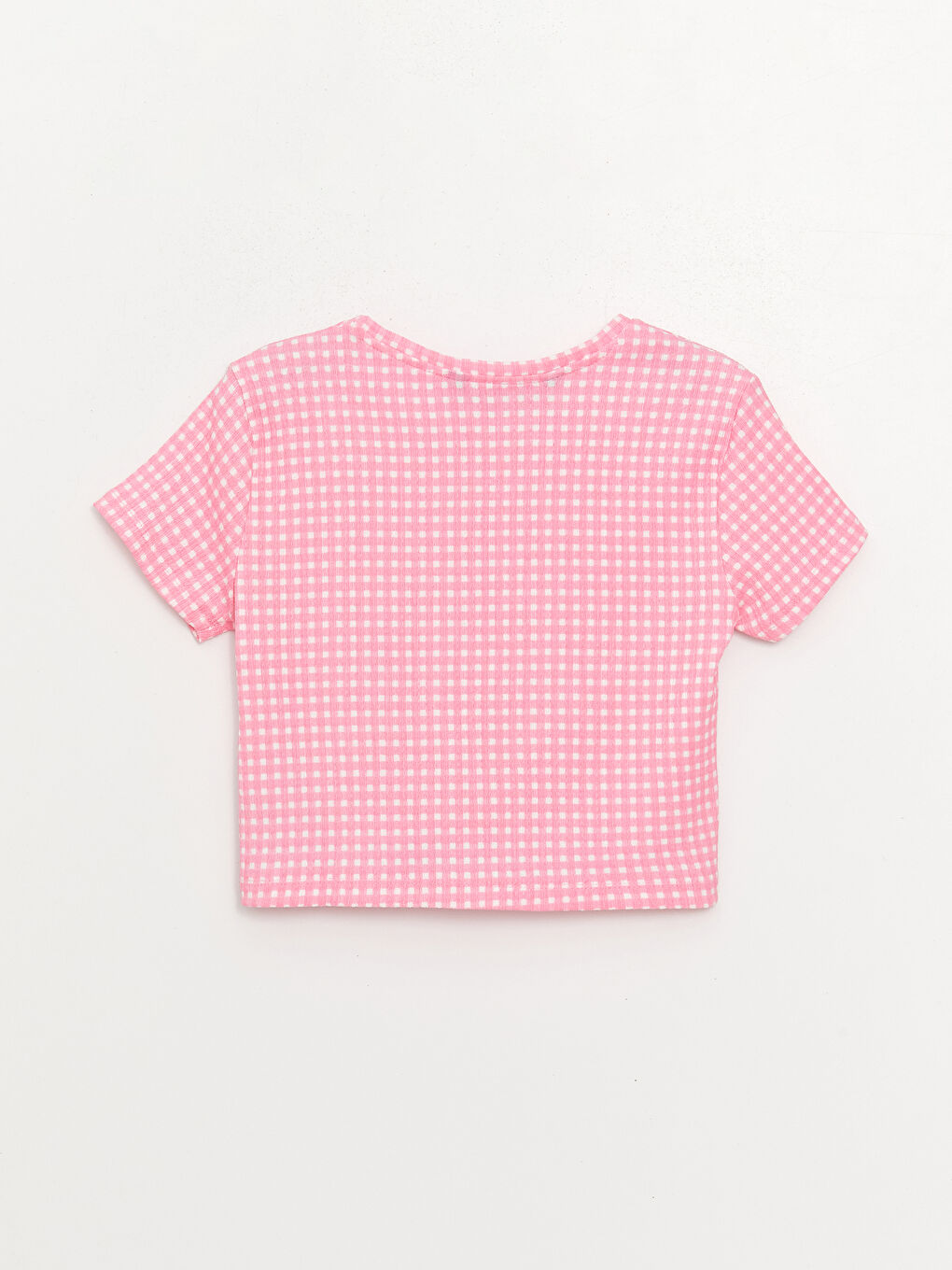 Pembe Bisiklet Yaka Ekose Kısa Kollu Kız Çocuk Tişört-1