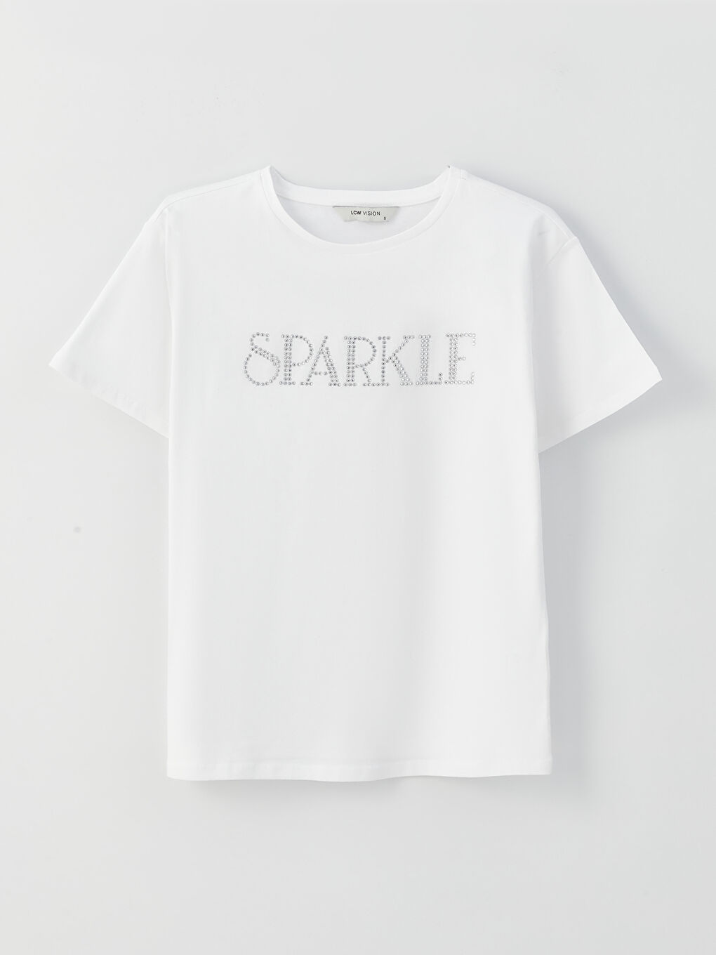 Beyaz Bisiklet Yaka Taşlı Kısa Kollu Kadın Tişört-4