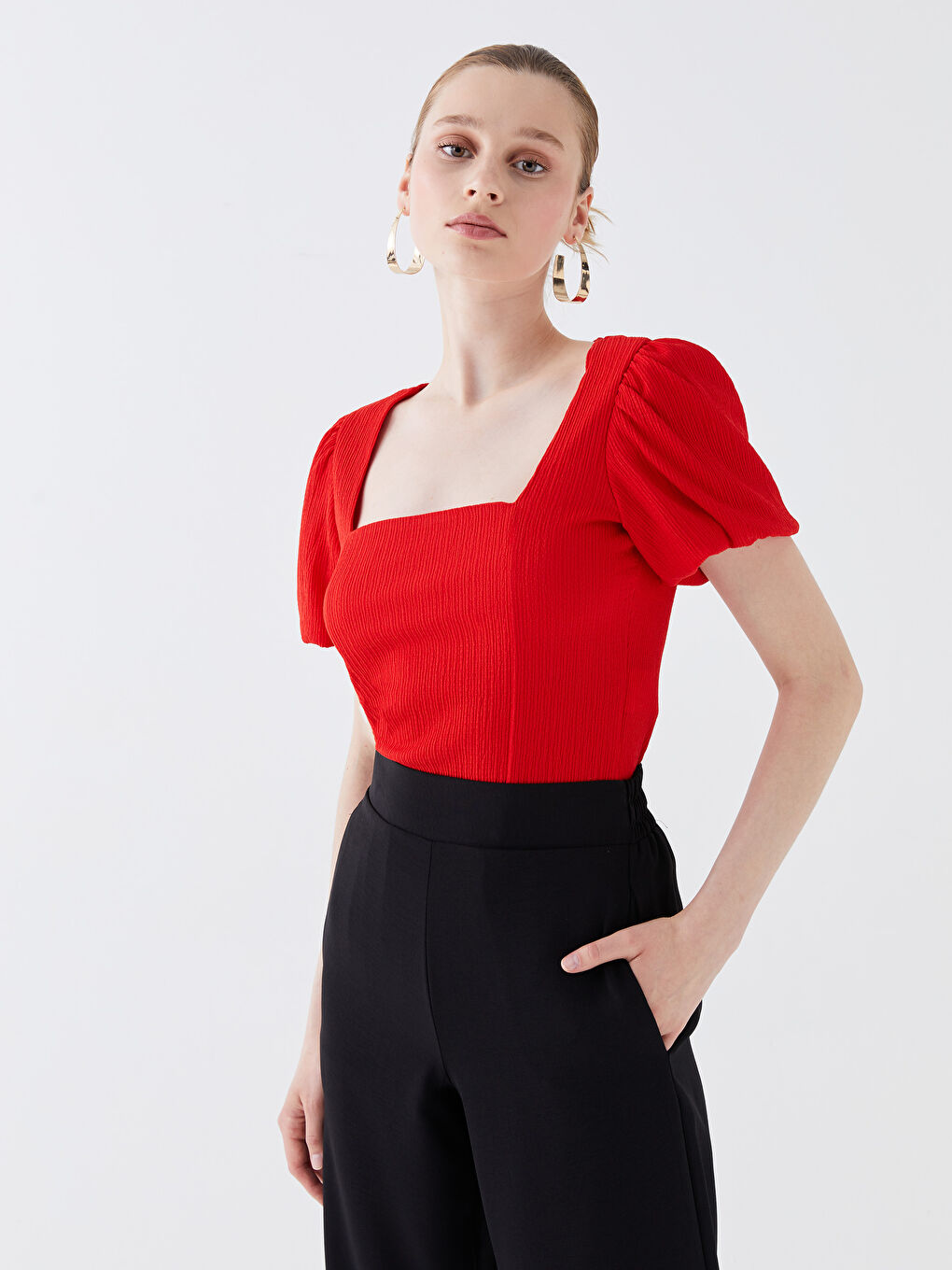 Turuncu Kare Yaka Düz Kısa Kollu Crop Kadın Bluz