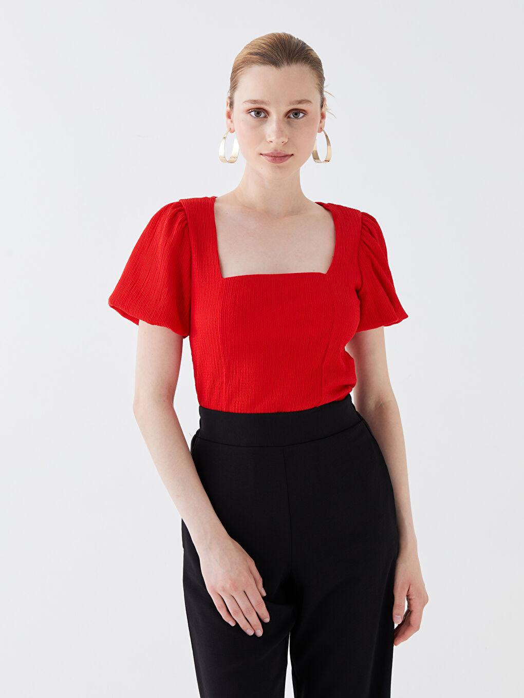 Turuncu Kare Yaka Düz Kısa Kollu Crop Kadın Bluz-1