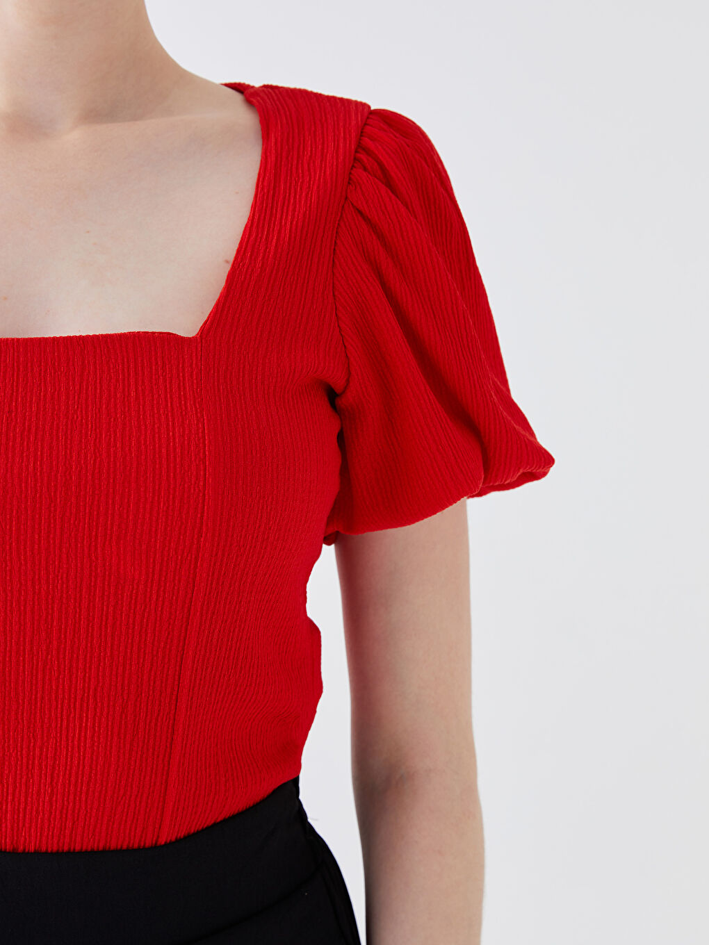 Turuncu Kare Yaka Düz Kısa Kollu Crop Kadın Bluz-3