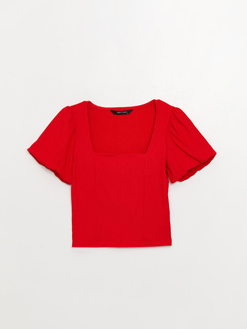 Turuncu Kare Yaka Düz Kısa Kollu Crop Kadın Bluz-5