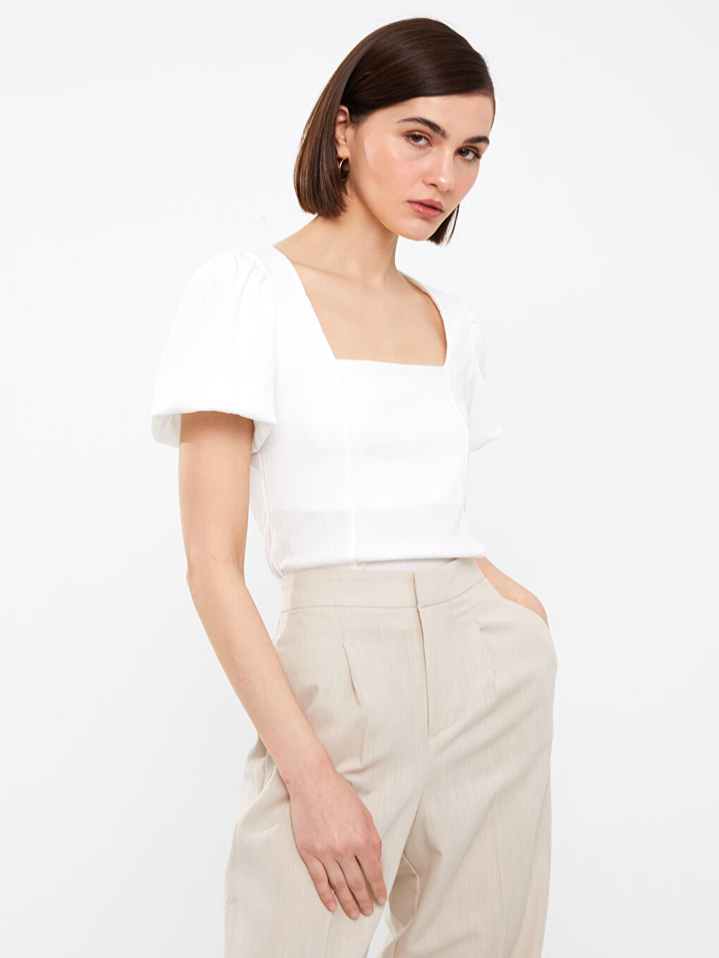 Square Collar Plain Short Sleeve Crop Women's Blouse