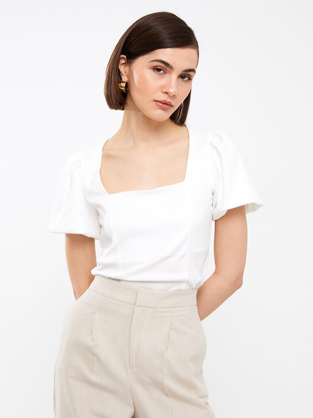 Square Collar Plain Short Sleeve Crop Women's Blouse-1