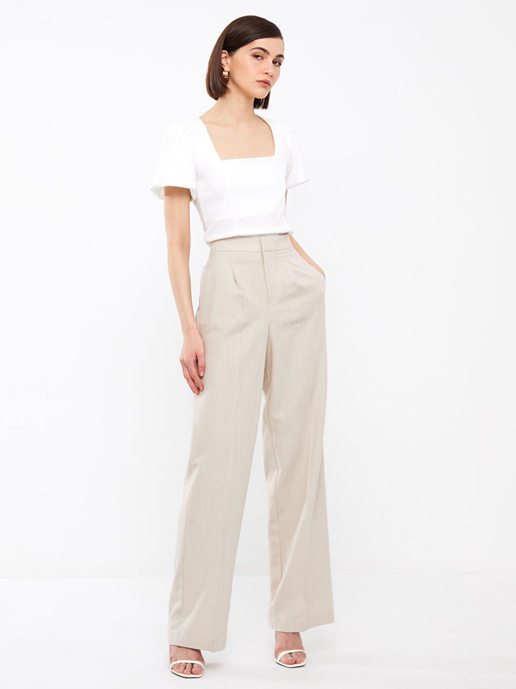 Square Collar Plain Short Sleeve Crop Women's Blouse-2