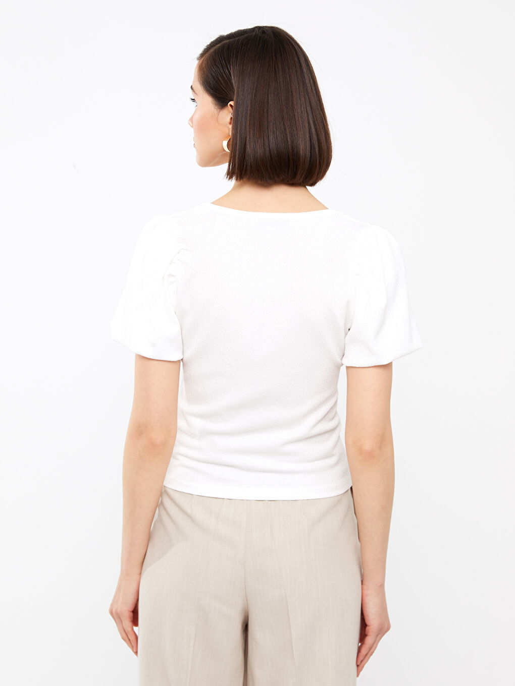 Square Collar Plain Short Sleeve Crop Women's Blouse-3
