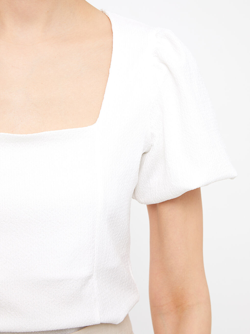 Square Collar Plain Short Sleeve Crop Women's Blouse-4