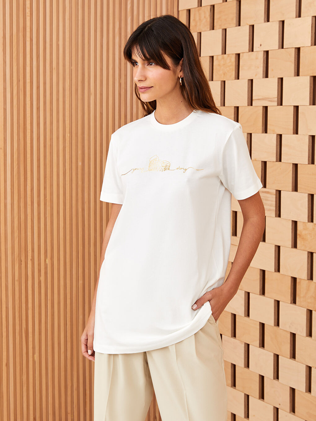 Tシャツ・カットソー COPERNI Women Tunic Tops DJS157SFF5037WHTMUL WHITE LCW Modest Crew Neck Printed Short Sleeve Women's Tunic