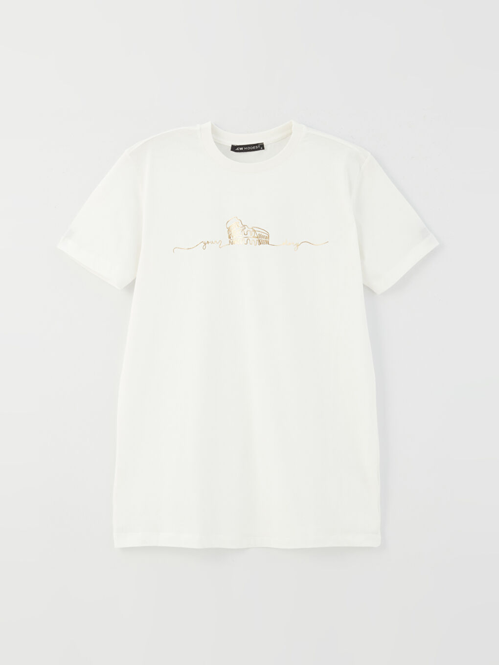 Ekru Bisiklet Yaka Baskılı Kısa Kollu Kadın Tunik-5