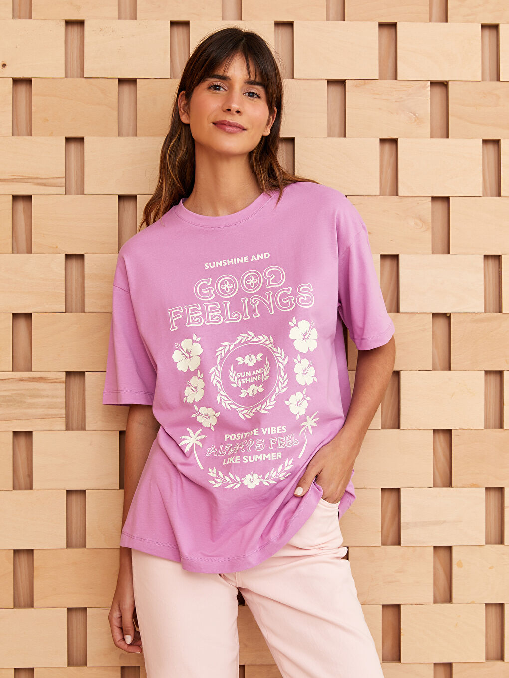 Mor Bisiklet Yaka Baskılı Kısa Kollu Oversize Kadın Tunik