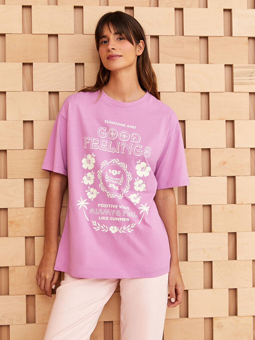 Mor Bisiklet Yaka Baskılı Kısa Kollu Oversize Kadın Tunik-1