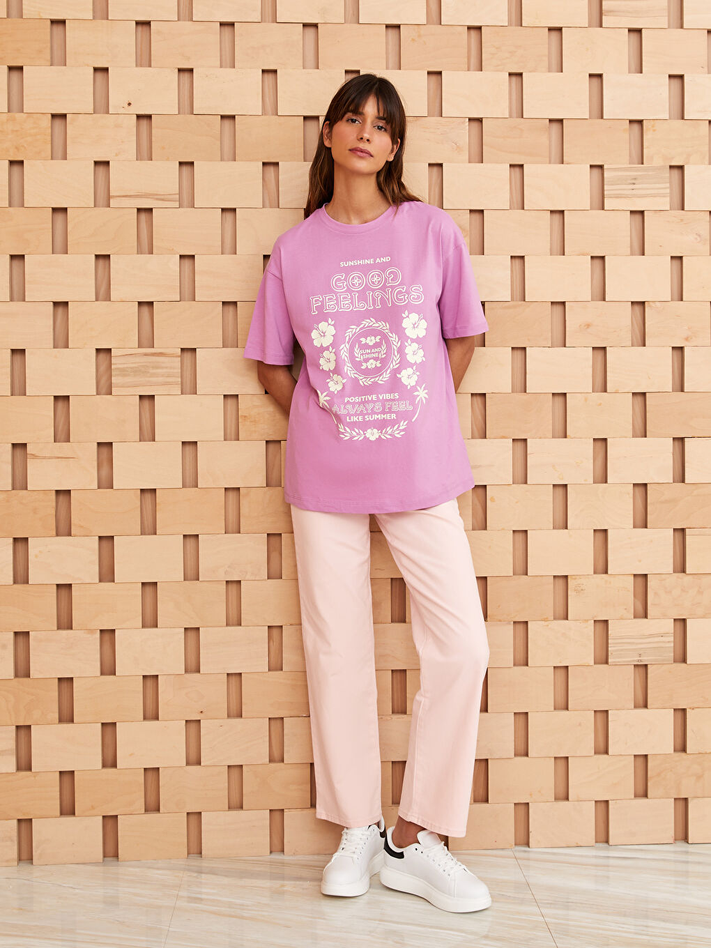 Mor Bisiklet Yaka Baskılı Kısa Kollu Oversize Kadın Tunik-2