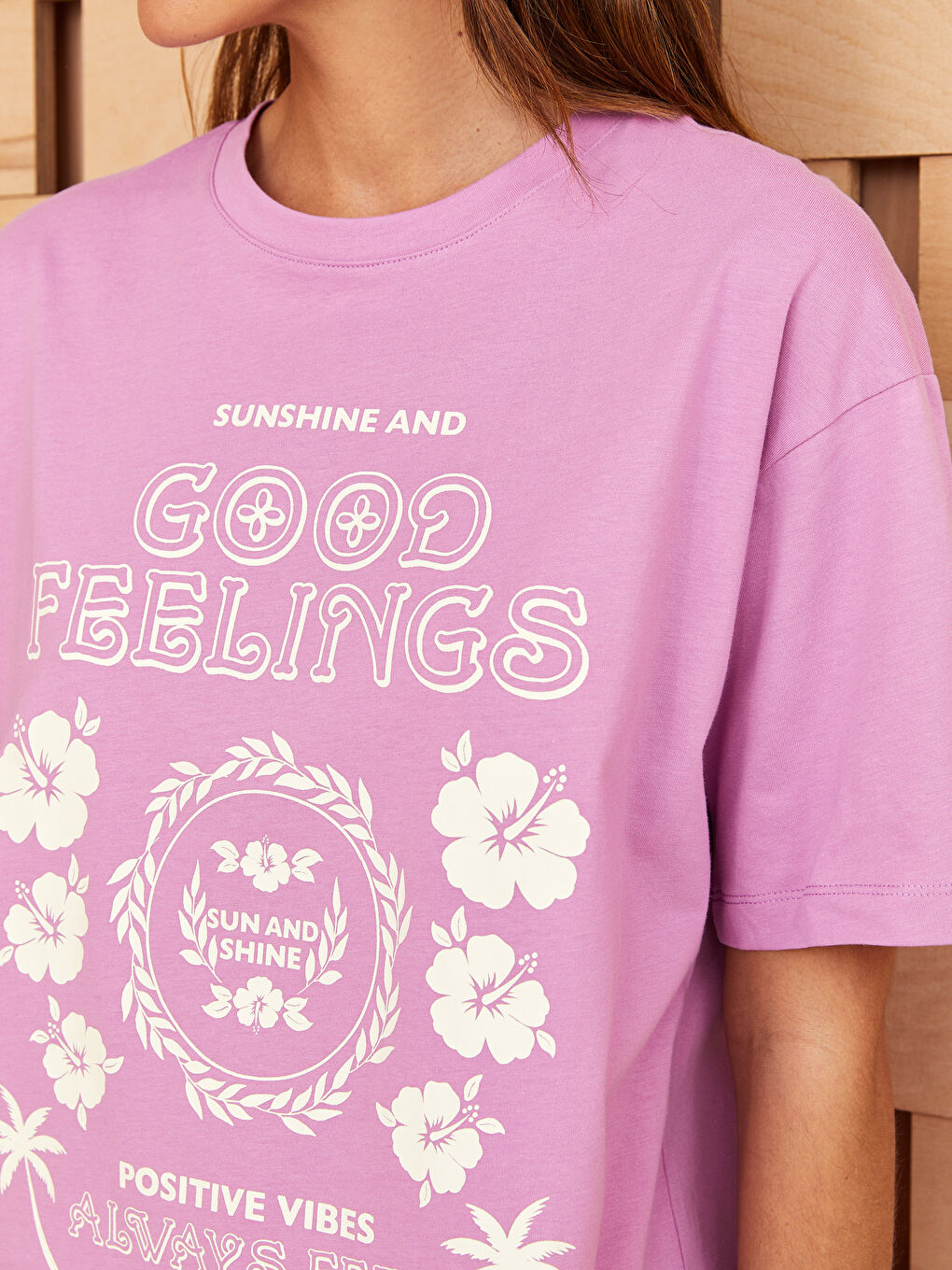 Mor Bisiklet Yaka Baskılı Kısa Kollu Oversize Kadın Tunik-3