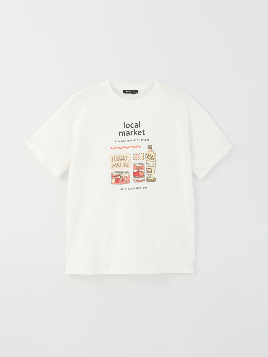 Ekru Bisiklet Yaka Baskılı Kısa Kollu Oversize Kadın Tunik-5