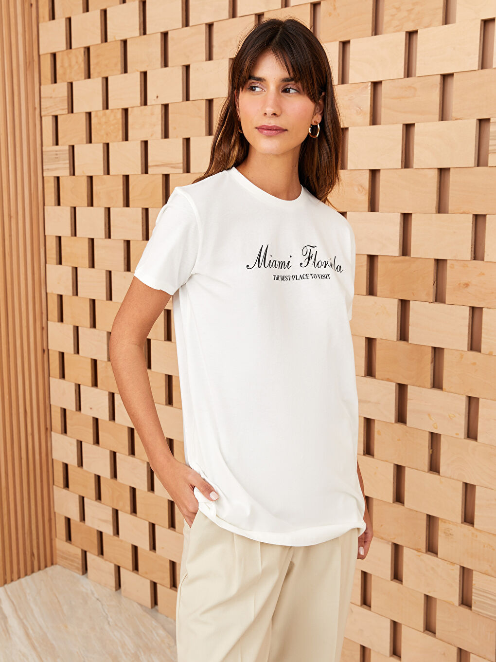 Ekru Bisiklet Yaka Baskılı Kısa Kollu Kadın Tunik