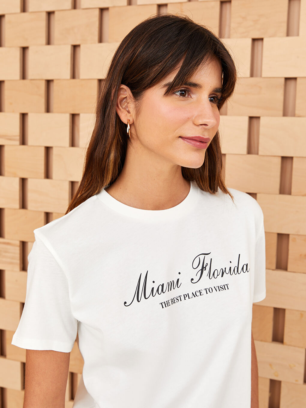 Ekru Bisiklet Yaka Baskılı Kısa Kollu Kadın Tunik-1